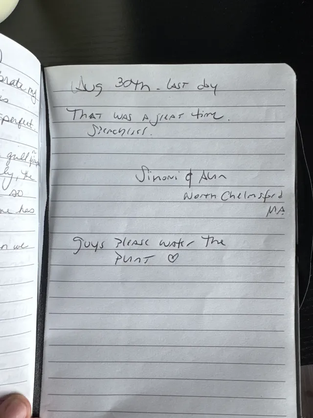 Handwritten guest journal page: Aug 30th - last day That was a great time. Special place. Simonie & Alun North Chelmsford MA Guys Pl