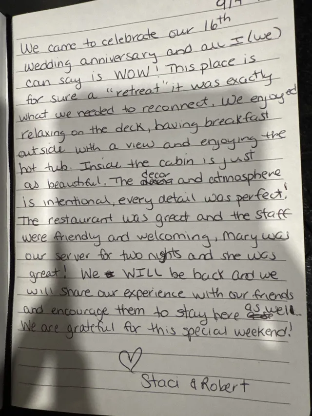 Handwritten guest journal page: 9/4 We came to celebrate our 16th wedding anniversary and all I (we) can say is WOW! This place is f