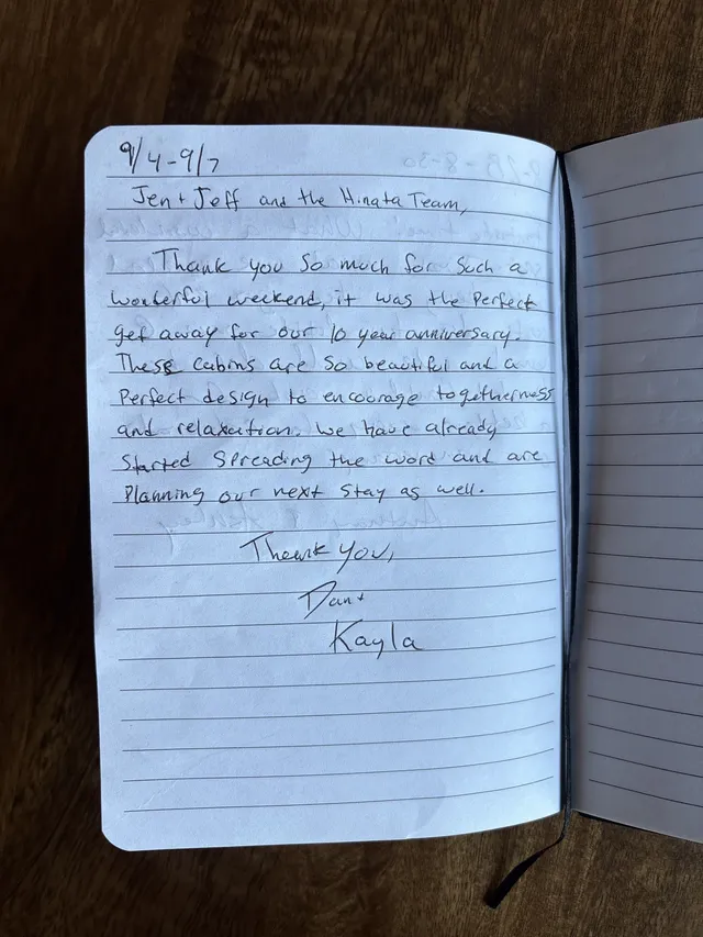 Handwritten guest journal page: 9/4-9/7 Jen + Jeff and the Hinata Team, Thank you so much for such a wonderful weekend, it was the p
