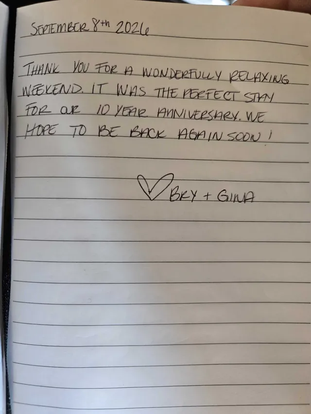 Handwritten guest journal page: September 8th 2026 Thank you for a wonderfully relaxing weekend. It was the perfect stay for our 10 