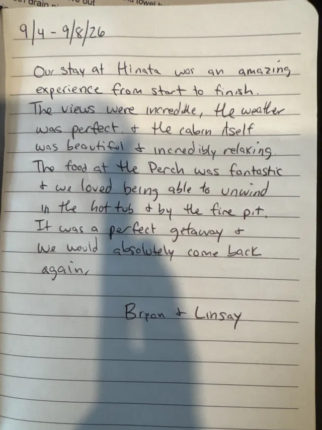 Handwritten guest journal page: 9/4 - 9/8/26 Our stay at Hinata was an amazing experience from start to finish. The views were incre