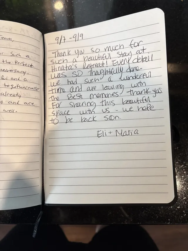 Handwritten guest journal page: 9/7 - 9/9 Thank you so much for such a beautiful stay at Hinata's Retreat! Every detail was so thoug