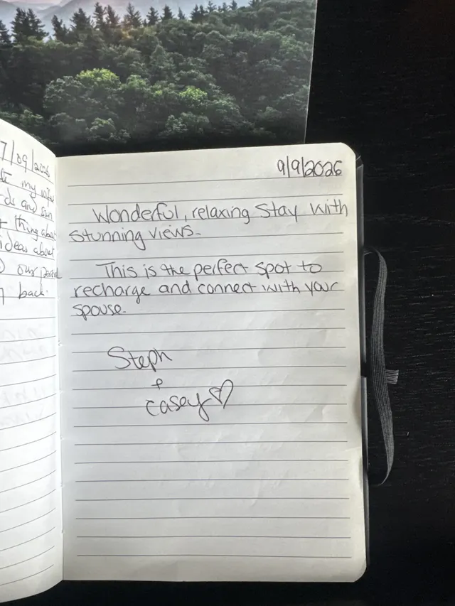 Handwritten guest journal page: 9/9/2026 Wonderful, relaxing stay with stunning views. This is the perfect spot to recharge and conn