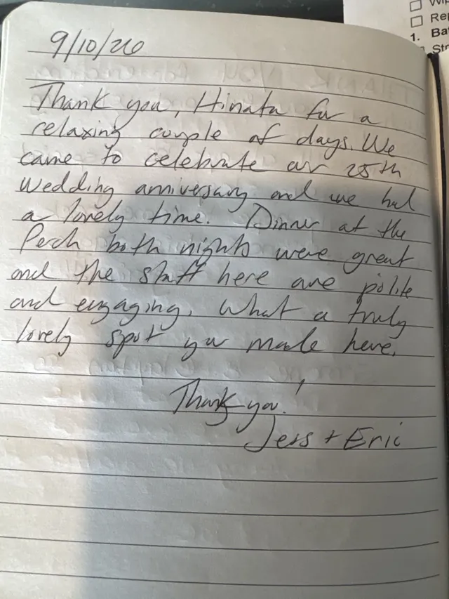 Handwritten guest journal page: 9/10/26 Thank you, Hinata for a relaxing couple of days. We came to celebrate our 25th wedding anniv