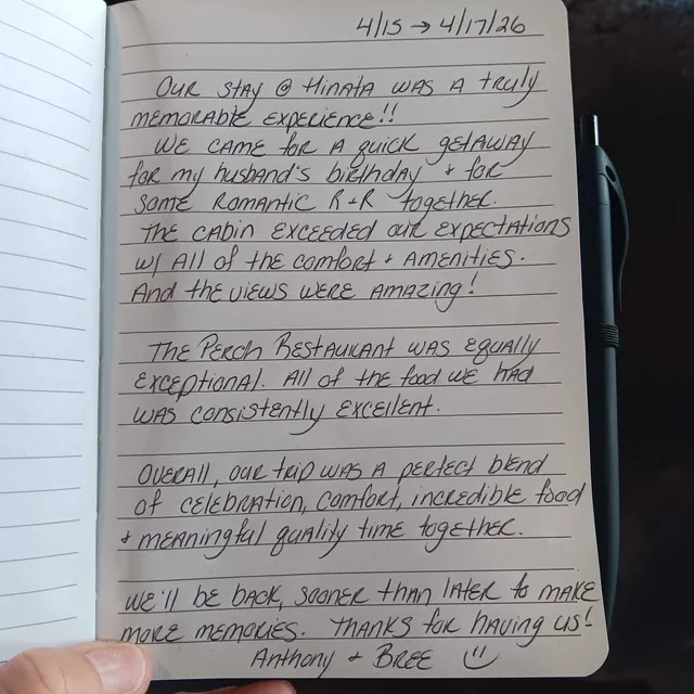 Handwritten guest journal page: 4/15 -> 4/17/26 Our stay @ Hinata was a truly MEMORABLE EXPERIENCE!! We came for a quick getaway for