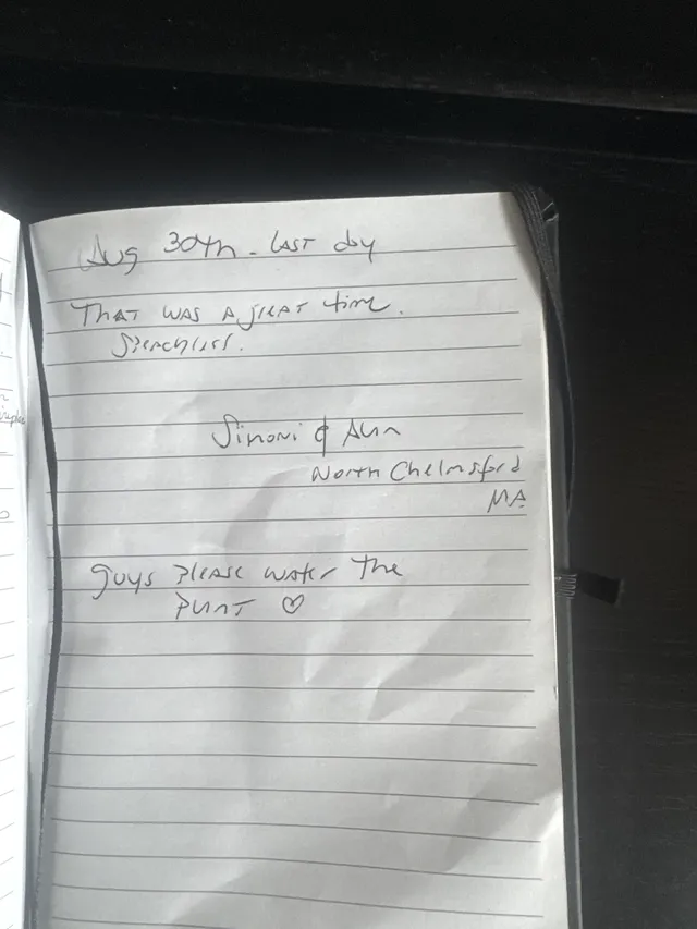 Handwritten guest journal page: Aug 30th - last day That was a great time. Special place. Simonie & Alun North Chelmsford MA Guys Pl