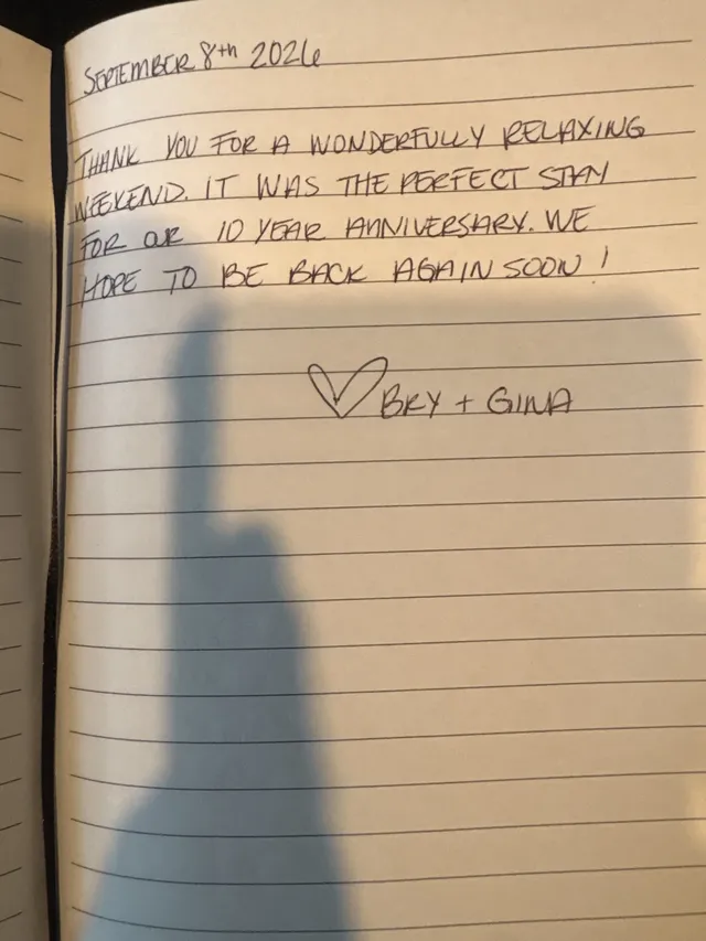 Handwritten guest journal page: September 8th 2026 Thank you for a wonderfully relaxing weekend. It was the perfect stay for our 10 