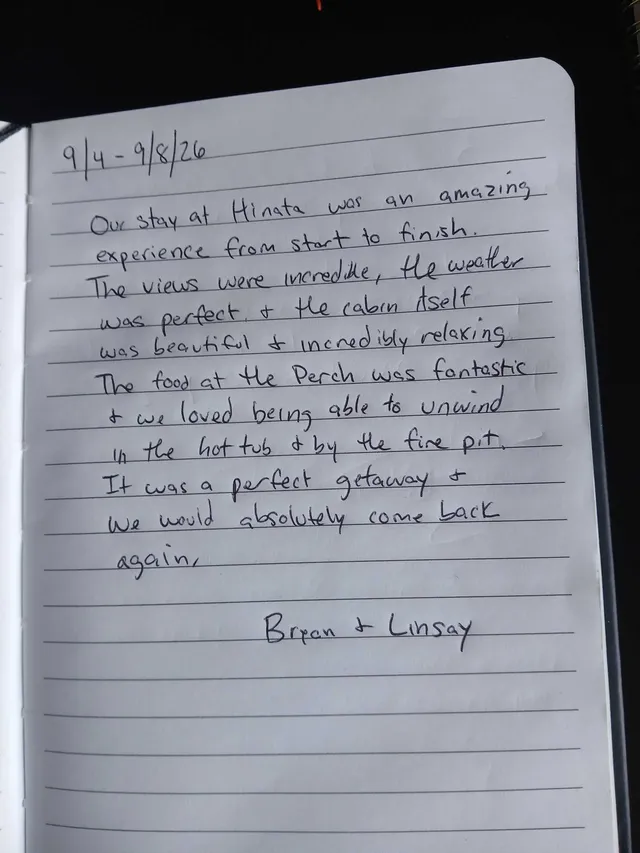 Handwritten guest journal page: 9/4 - 9/8/26 Our stay at Hinata was an amazing experience from start to finish. The views were incre