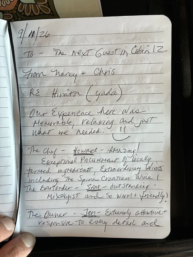 Handwritten guest journal page: 9/10/26 To - The next Guest in Cabin 12 From Nancy + Chris RE Hinata (yada) Our Experience here was 