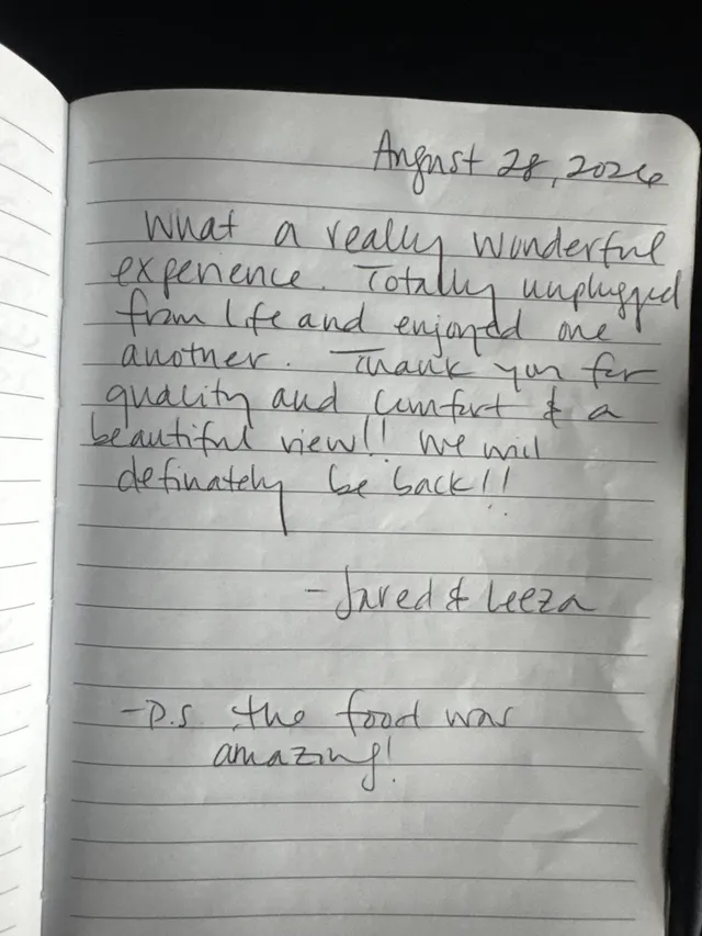 Handwritten guest journal page: August 28, 2026 What a really wonderful experience. Totally unplugged from life and enjoyed one anot