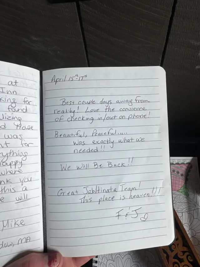 Handwritten guest journal page: April 15th-17th Best couple days away from reality! Love the convience of checking in/out on phone! 