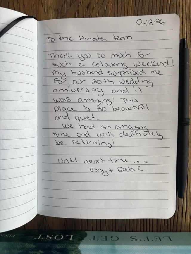 Handwritten guest journal page: 9-12-26 To the Hinata team Thank you so much for such a relaxing weekend! My husband surprised me fo