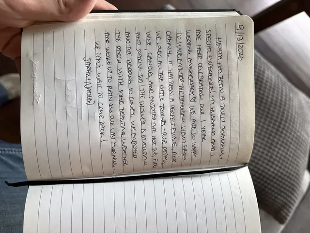 Handwritten guest journal page: 9/13/2026 HINATA HAS BEEN A TRULY BEAUTIFUL + SPECIAL EXPERIENCE! MY HUSBAND AND I ARE HERE CELEBRAT