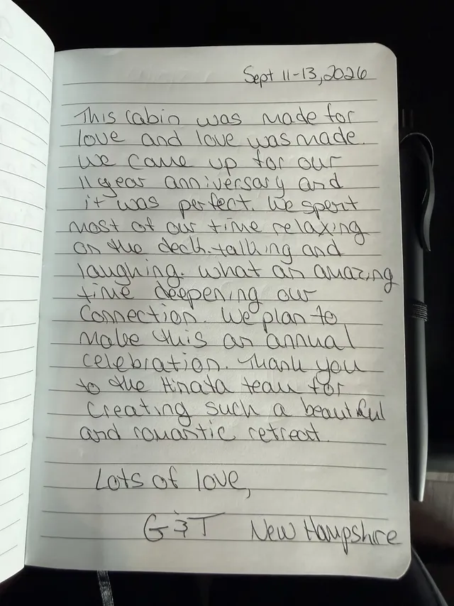 Handwritten guest journal page: Sept 11-13, 2026 This Cabin was made for love and love was made. We came up for our 11 year annivers