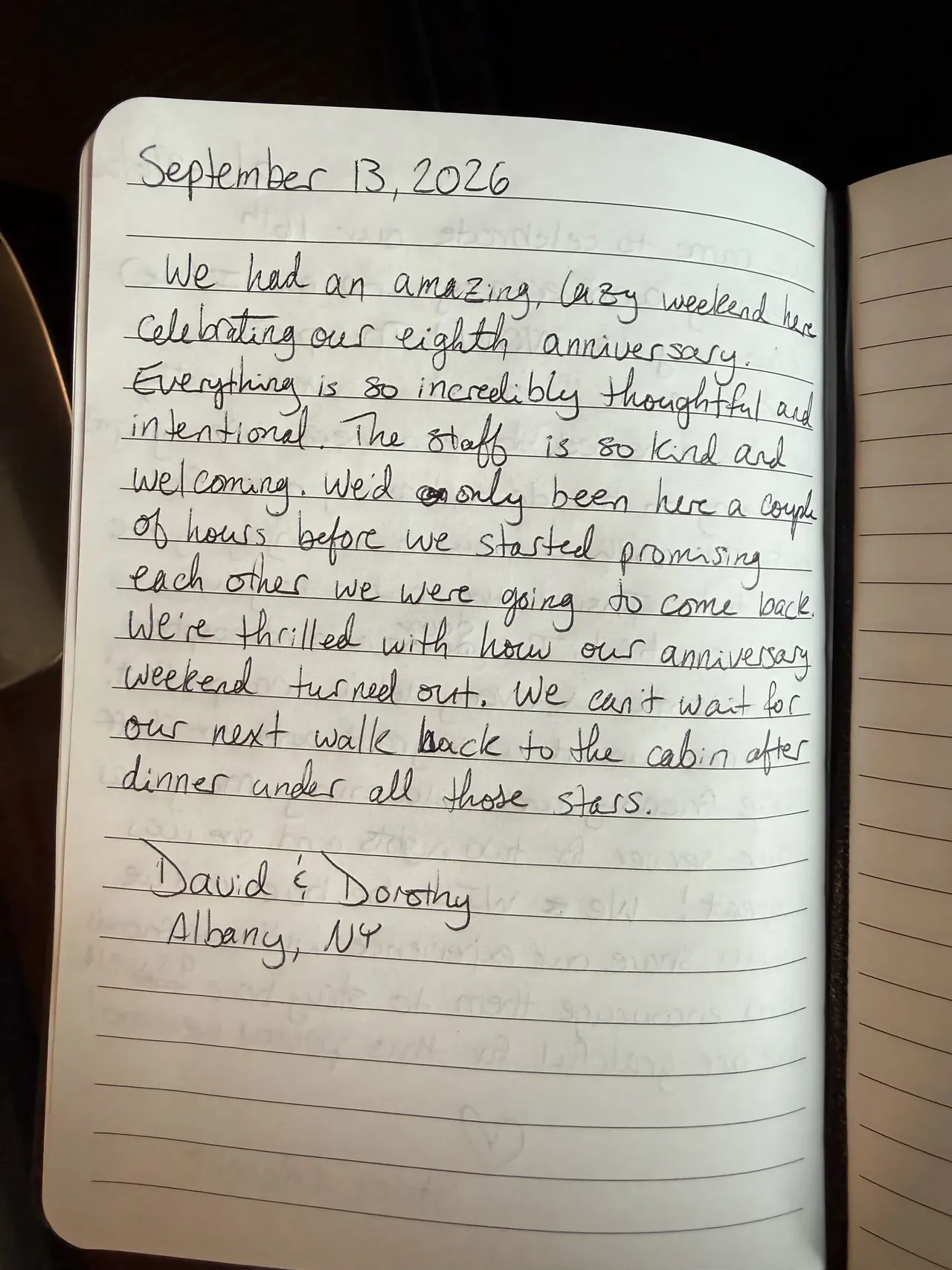 Handwritten guest journal page: September 13, 2026 We had an amazing, lazy weekend here celebrating our eighth anniversary. Everythi