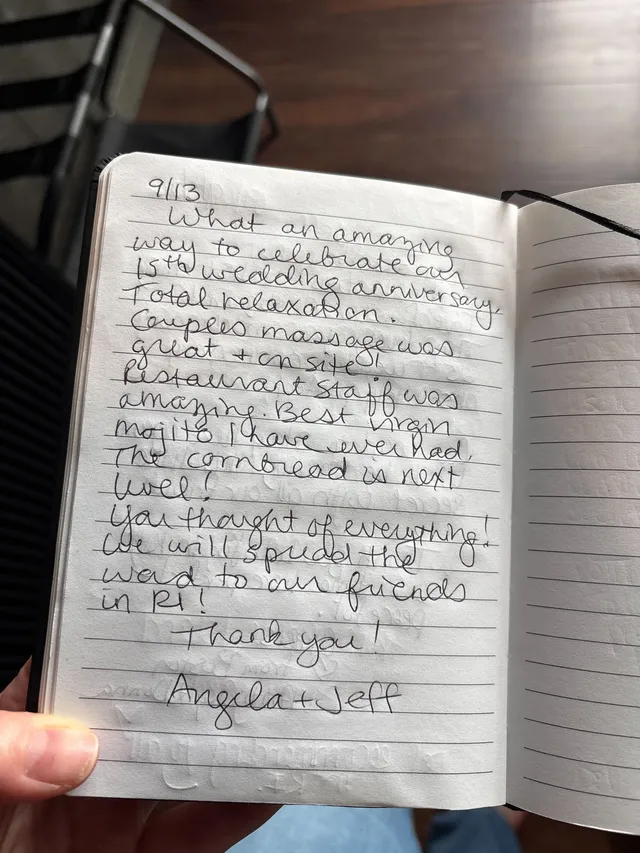 Handwritten guest journal page: 9/13 What an amazing way to celebrate our 15th wedding anniversary. Total relaxation. Couples massag