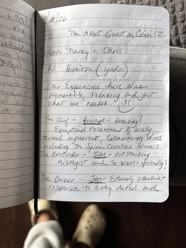 Handwritten guest journal page: 9/10/26 To - The next Guest in Cabin 12 From Nancy + Chris RE Hinata (yada) Our Experience here was 