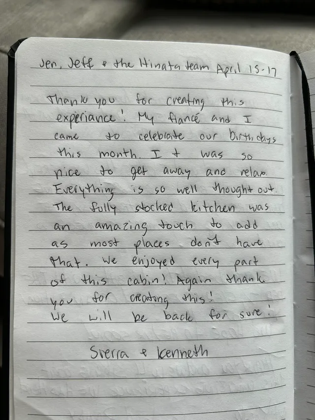 Handwritten guest journal page: Jen, Jeff & the Hinata team April 15-17 Thank you for creating this experiance! My fiancé and I came