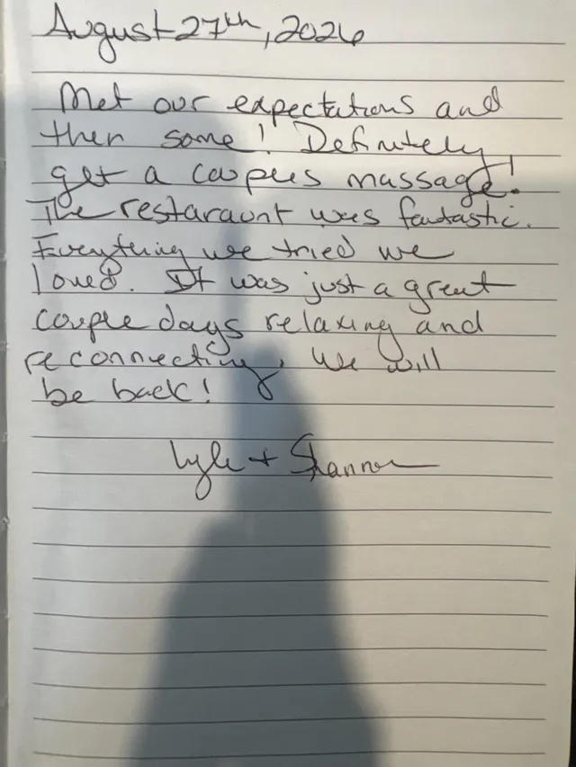 Handwritten guest journal page: August 27th, 2026 Met our expectations and then some! Definitely get a couples massage! The restarau