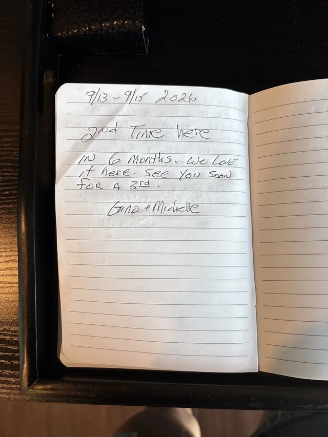 Handwritten guest journal page: 9/13 - 9/15 2026 2nd Time here in 6 months. We Love it here. See you soon for a 3rd - Gina + Michell