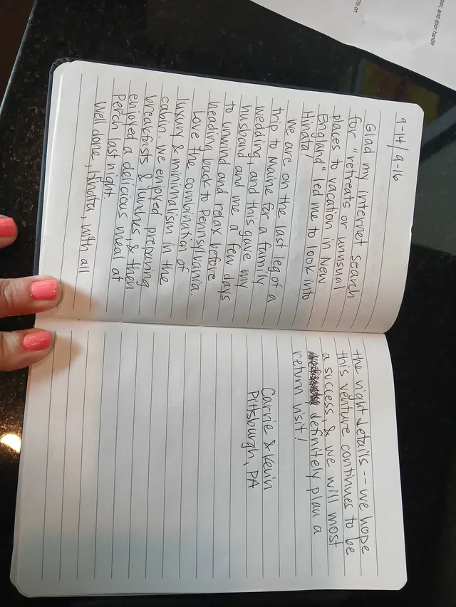 Handwritten guest journal page: 9-14 - 9-16 Glad my internet search for "retreats or unusual places to vacation in New England" led 