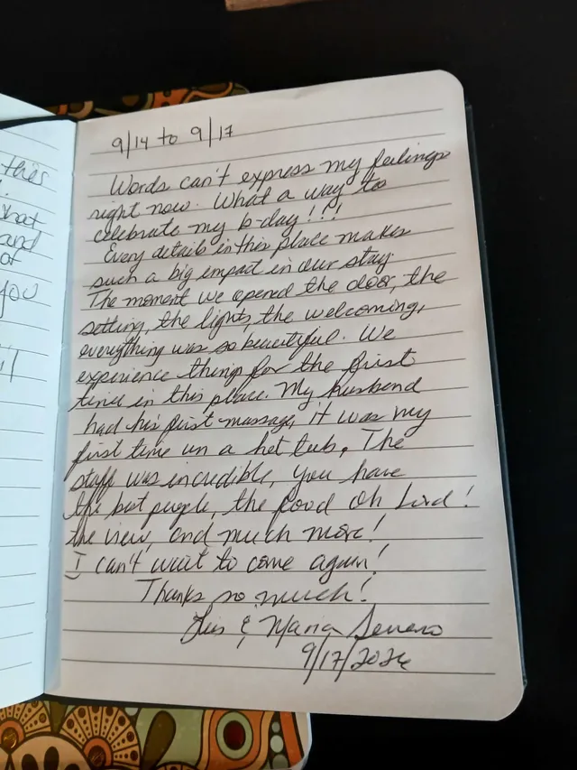 Handwritten guest journal page: 9/14 to 9/17 Words can't express my feelings right now. What a way to celebrate my b-day!?! Every de