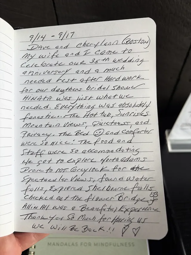 Handwritten guest journal page: 9/14 - 9/17 Dave and Cheryllann (Boston) My wife and I came to celebrate our 35th wedding anniversar