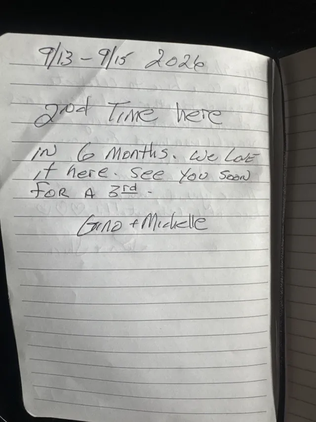 Handwritten guest journal page: 9/13 - 9/15 2026 2nd Time here in 6 months. We Love it here. See you soon for a 3rd - Gina + Michell
