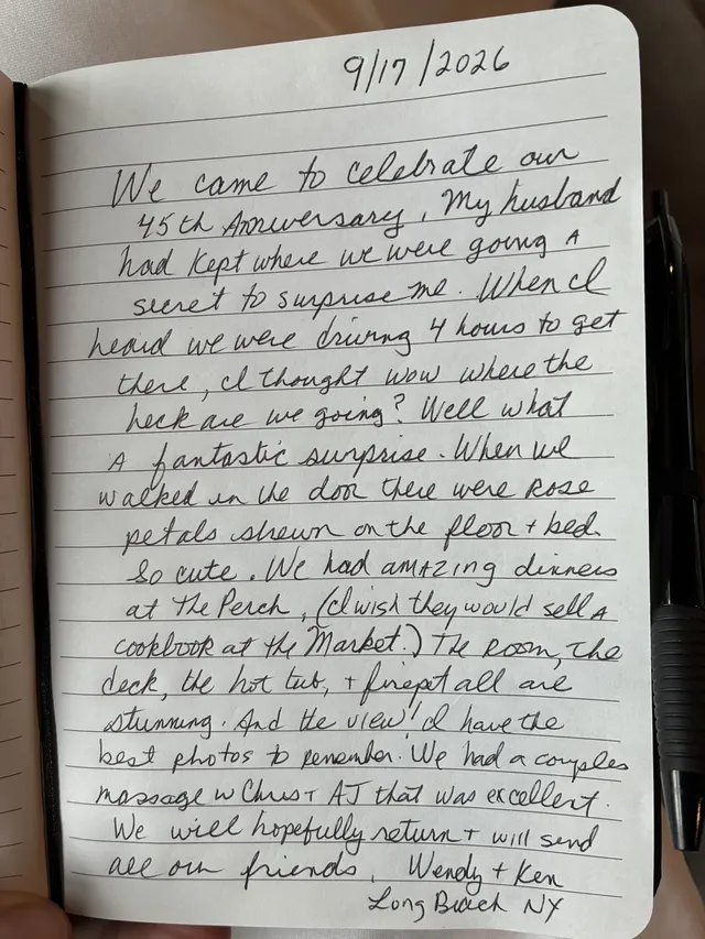 Handwritten guest journal page: 9/17/2026 We came to celebrate our 45th Anniversary, my husband had kept where we were going a secre