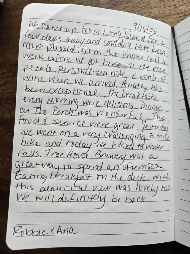 Handwritten guest journal page: 9/16/26 We came up from Long Island for a few days away and couldn't have been more pleased. from th