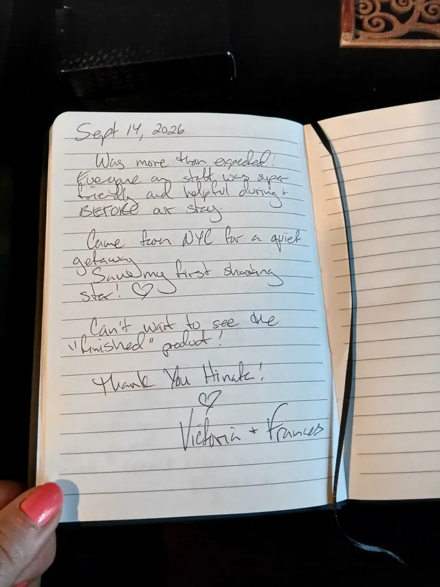 Handwritten guest journal page: Sept 14, 2026 Was more than expected! Everyone or staff was super friendly and helpful during & BEFO