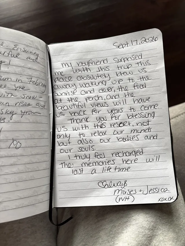 Handwritten guest journal page: Sept.17,2026 My boyfriend surprised me with this trip. this place absolutely blew us away. waking up