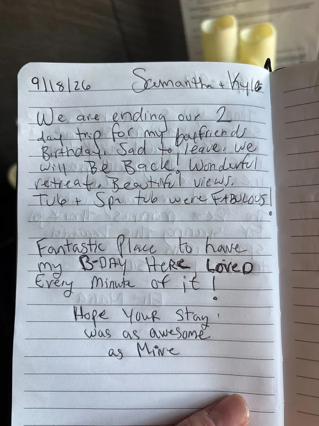 Handwritten guest journal page: 9/18/26 Samantha + Kyle We are ending our 2 day trip for my boyfriends Birthday. Sad to leave. We Wi