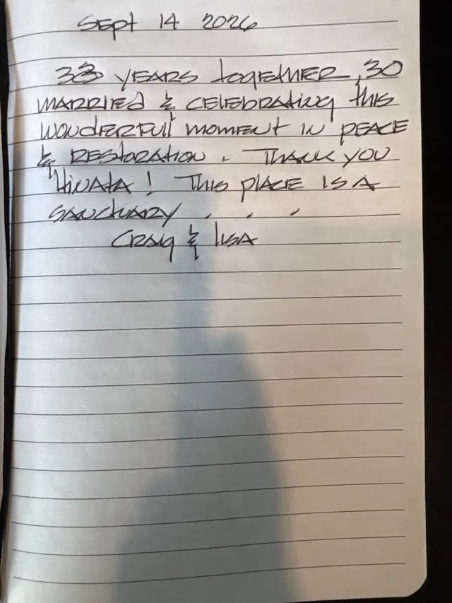 Handwritten guest journal page: Sept 14 2026 33 years together, 30 married & celebrating this wonderful moment in peace & restoratio