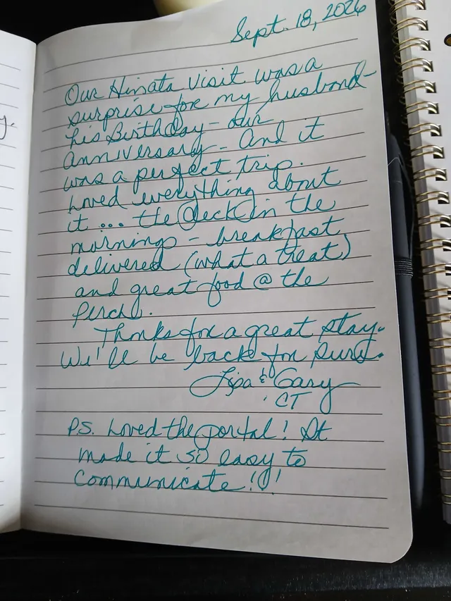 Handwritten guest journal page: Sept. 18, 2026 Our Hinata visit was a surprise for my husband - his Birthday - our Anniversary - And