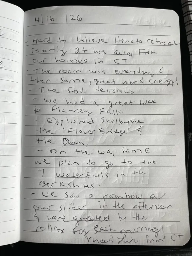 Handwritten guest journal page: 4/16/26 - Hard to believe Hinata retreat is only 2+ hrs away from our homes in CT. - The room was ev