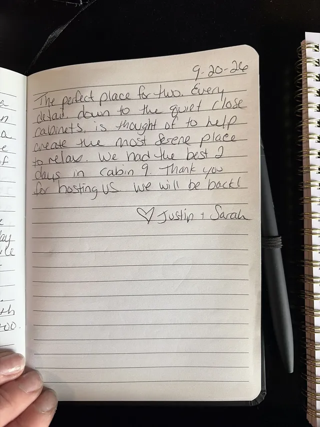 Handwritten guest journal page: 9-20-26 The perfect place for two. Every detail, down to the quiet close cabinets, is thought of to 