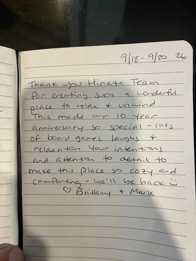 Handwritten guest journal page: 9/18 - 9/20 26 Thank you Hinata Team for creating such a wonderful place to relax & unwind. This mad