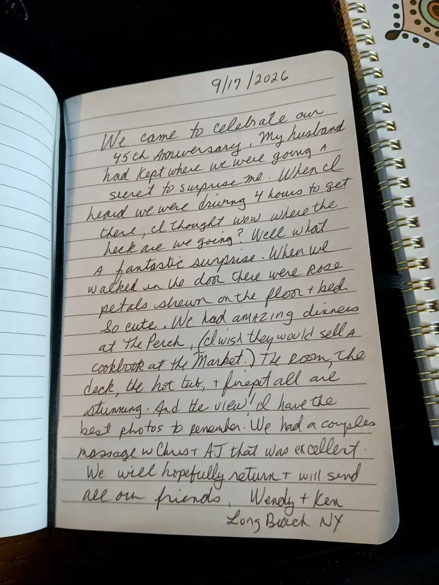 Handwritten guest journal page: 9/17/2026 We came to celebrate our 45th Anniversary, my husband had kept where we were going a secre