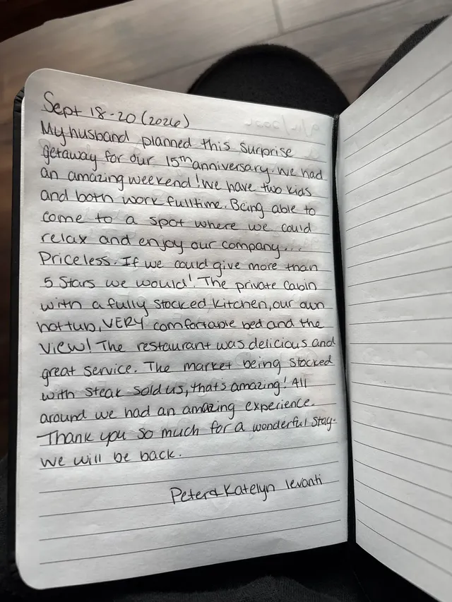 Handwritten guest journal page: Sept 18-20 (2026) My husband planned this surprise getaway for our 15th anniversary. We had an amazi
