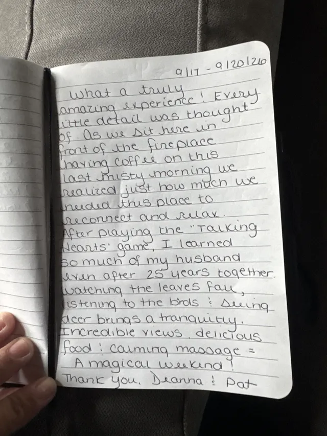 Handwritten guest journal page: 9/17 - 9/20/26 What a truly amazing experience! Every little detail was thought of. As we sit here i