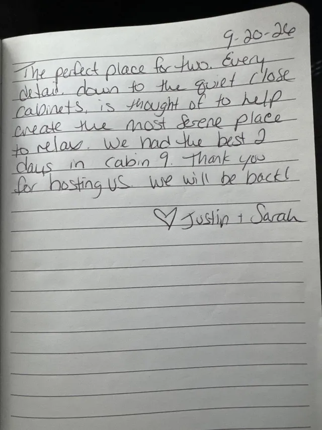 Handwritten guest journal page: 9-20-26 The perfect place for two. Every detail, down to the quiet close cabinets, is thought of to 