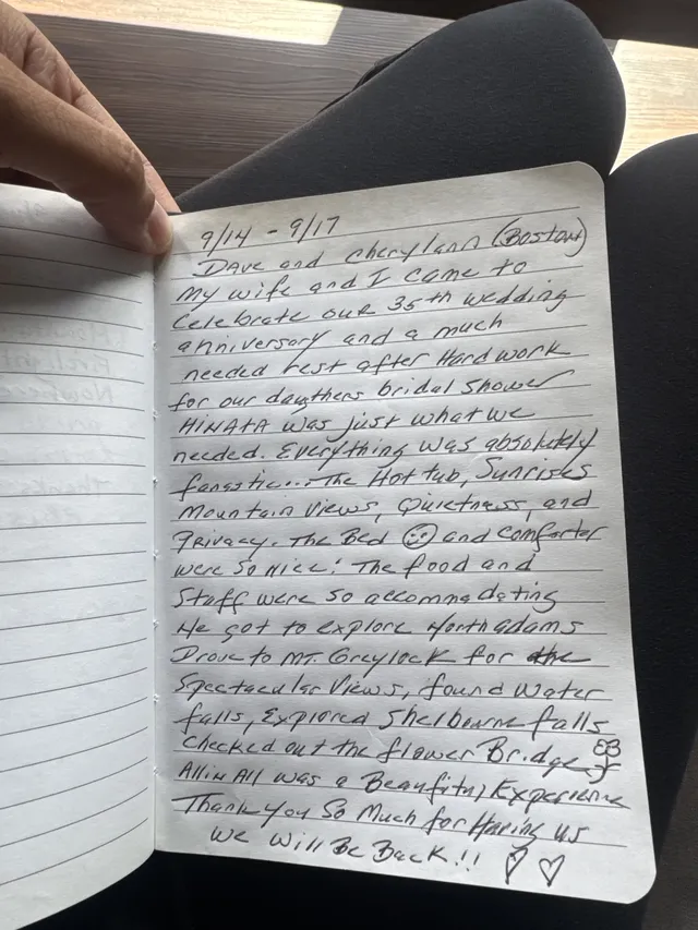 Handwritten guest journal page: 9/14 - 9/17 Dave and Cheryllann (Boston) My wife and I came to celebrate our 35th wedding anniversar