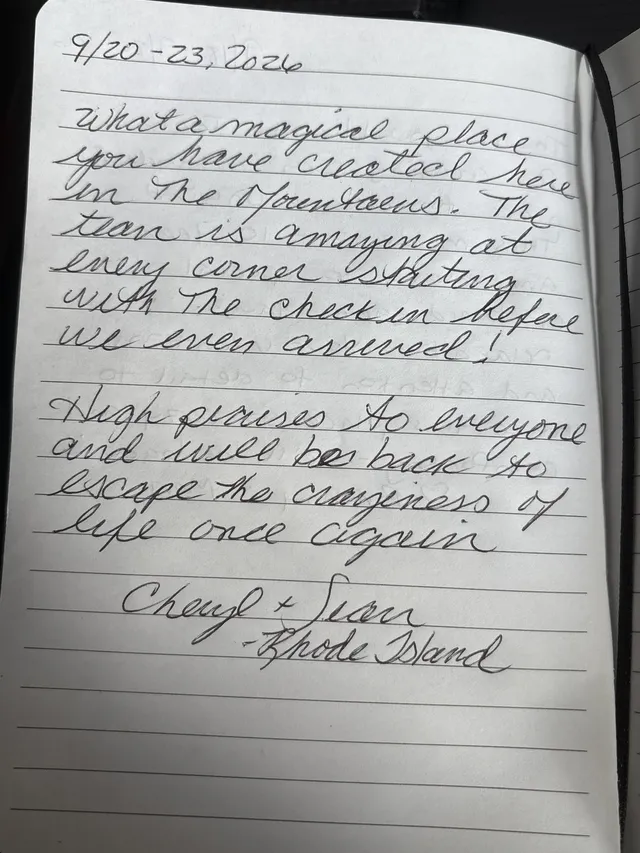 Handwritten guest journal page: 9/20-23, 2026 What a magical place you have created here in the Mountains. The team is amazing at ev