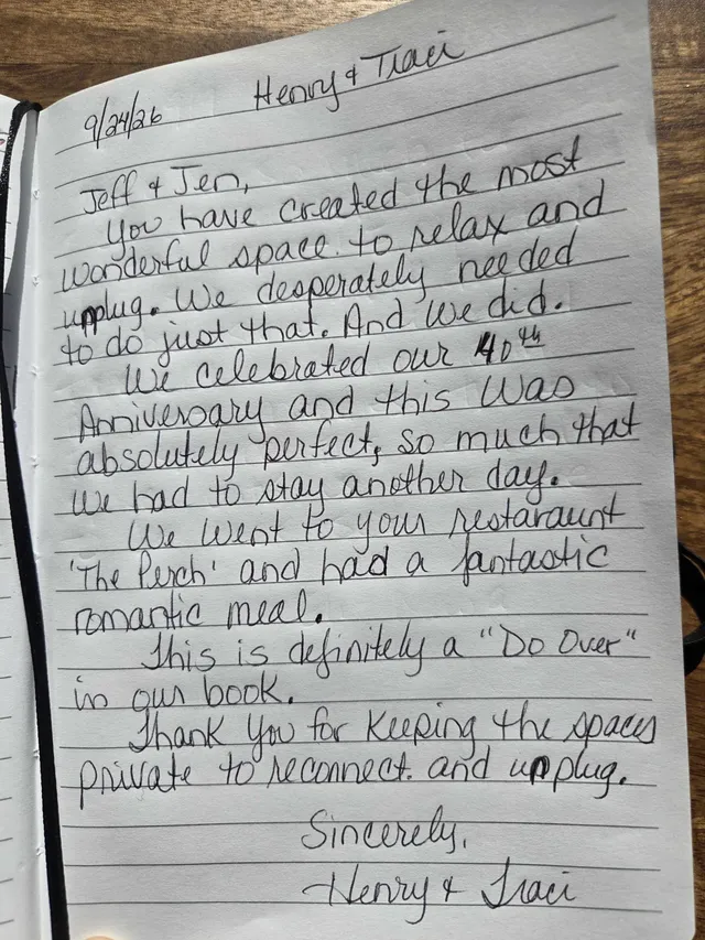 Handwritten guest journal page: 9/24/26 Henry & Traci Jeff & Jen, You have created the most wonderful space to relax and unplug. We 