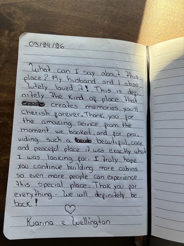 Handwritten guest journal page: 09/24/26 What can I say about this place? My husband and I absolutely loved it! This is definitely t