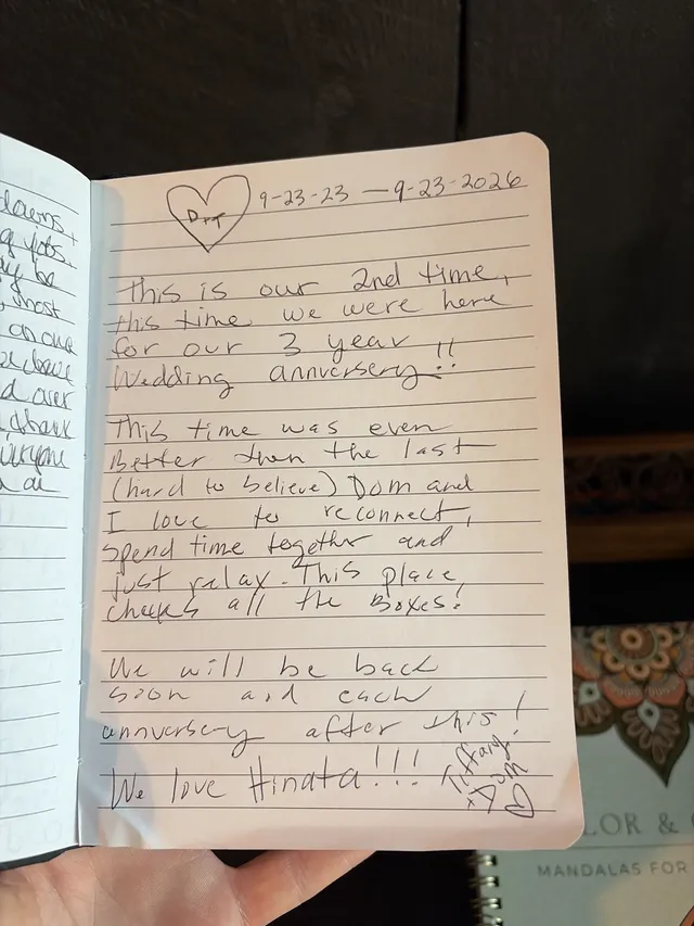 Handwritten guest journal page: ♡ D+T 9-23-23 — 9-23-2026 This is our 2nd time, this time we were here for our 3 year !! Wedding ann