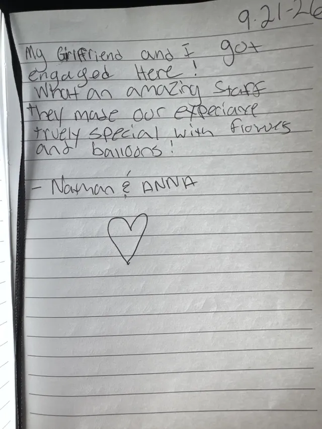Handwritten guest journal page: 9.21-26 My GirlFriend and I got engaged Here! What an amazing staff they made our experiance truly s