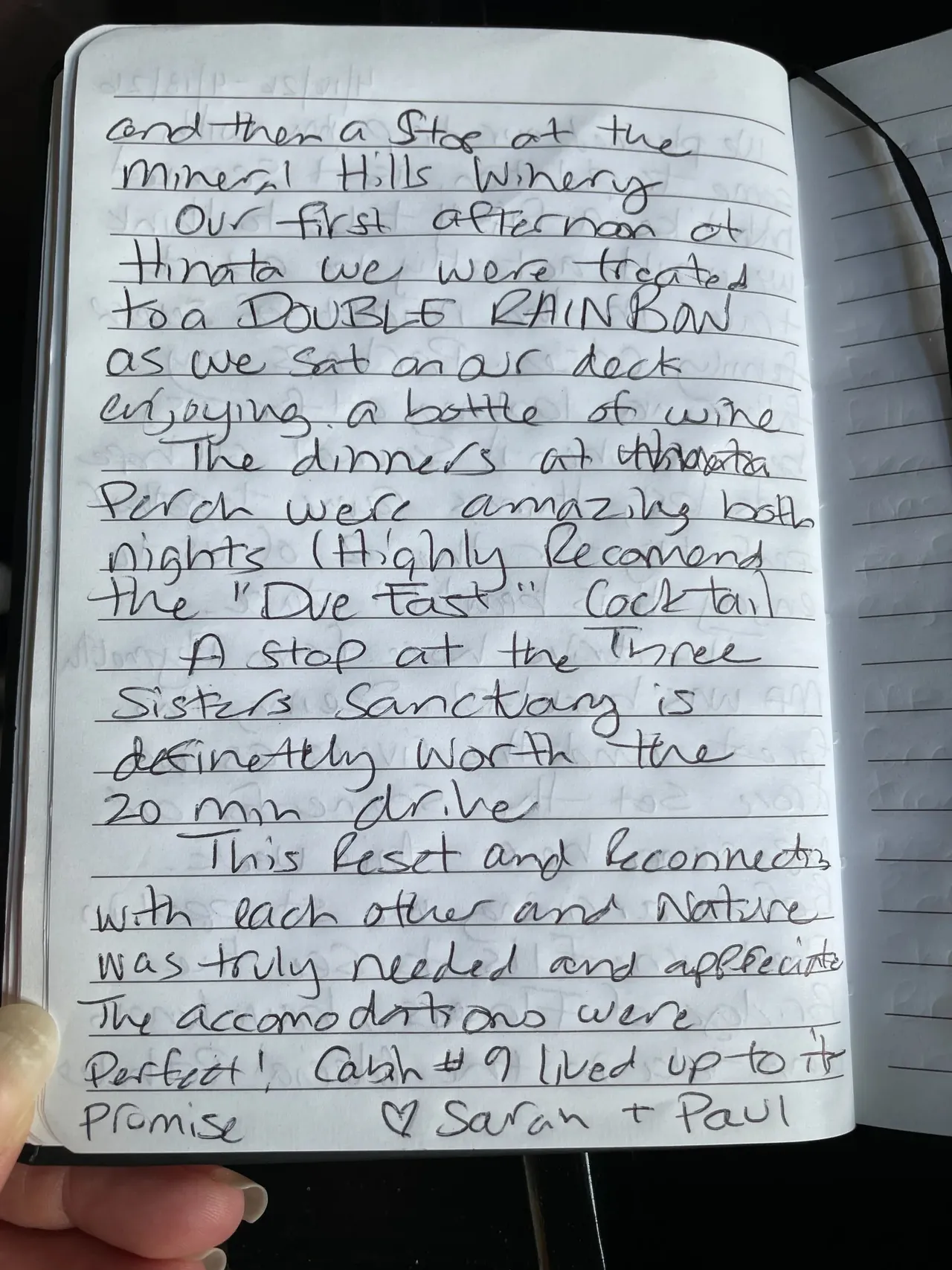 Handwritten guest journal page: and then a stop at the Mineral Hills Winery Our first afternoon at Hinata we were treated to a DOUBL