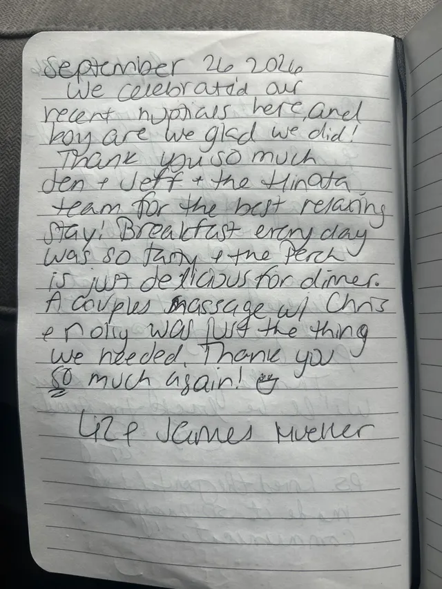 Handwritten guest journal page: September 26 2026 We celebrated our recent nuptials here, and boy are we glad we did! Thank you so m